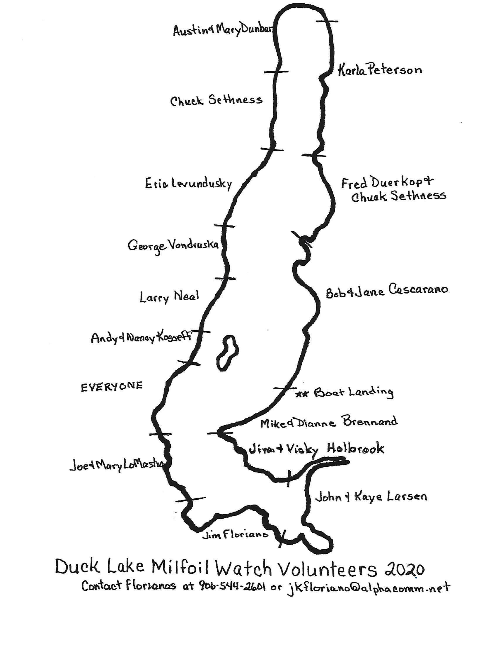 Map showing which members are monitoring certain parts of Duck Lake